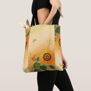Tote Bag SUNFLOWER ,BUTTERFLY,VERT FEUILLE Floral japonais