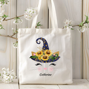 Tote Bag Sunflower Halloween Witch Cat Kitty Personalized