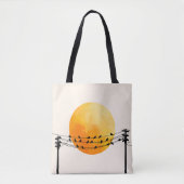 Tote Bag Sunset Birds on Wires Minimalist Art (Devant)