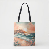 Tote Bag Sunset Lighthouse Ocean Beach Boho Floral (Devant)