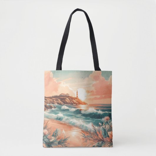 Tote Bag Sunset Lighthouse Ocean Beach Boho Floral (Devant)