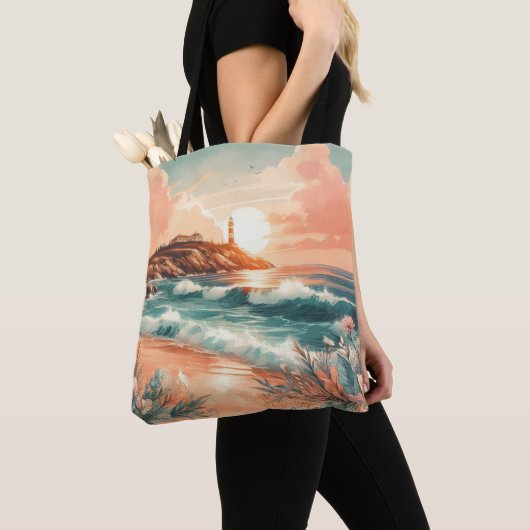 Tote Bag Sunset Lighthouse Ocean Beach Boho Floral (De près)