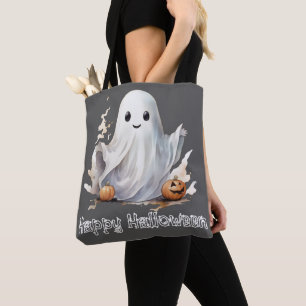 Tote Bag Super Cute Ghost Pumpkins Gris Joyeux Halloween