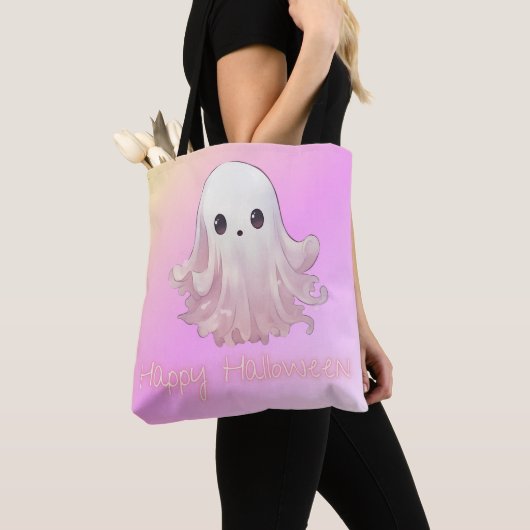 Tote Bag Super mignon Fantôme rose Joyeux Halloween (De près)
