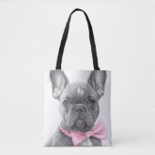Tote Bag Super mignon Sketch Français chiot avec arc rose (Devant)