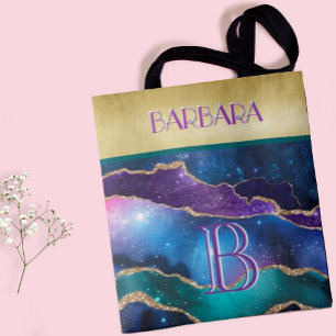 Tote Bag Superbe or violet Turquoise Nom du monogramme