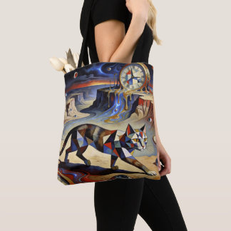 Tote Bag Surreal Cat Melting Clocks Dali Picasso Inspired