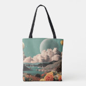 Tote Bag Surreal Mountain Landscape with Planets and Clouds (Dos)