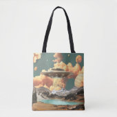 Tote Bag Surreal UFO Above Mountain Lake with Planets (Devant)