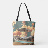 Tote Bag Surreal UFO Above Mountain Lake with Planets (Dos)