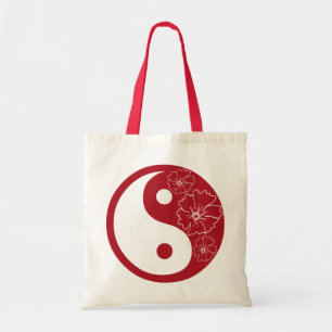 Tote Bag Symbole de Yin Yang, Fleur Tropicale Rouge