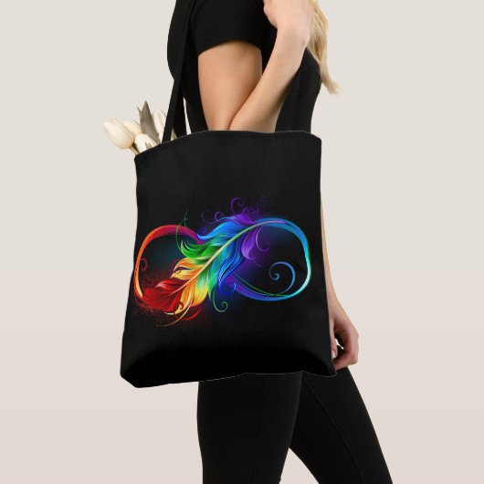 Tote Bag Symbole d'infini avec plume arc-en-ciel (De près)