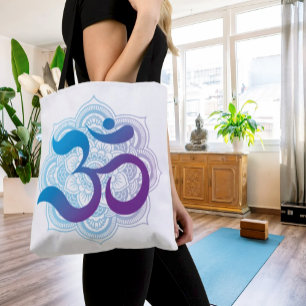 Tote Bag Symbole violet et bleu Om Mandala Flower Blanc
