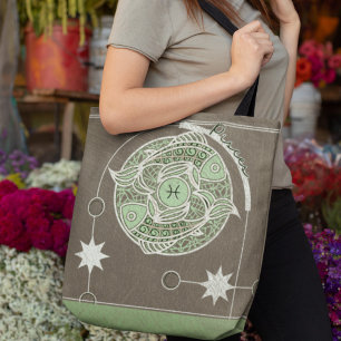 Tote Bag Symbole zodiaque Pisces vert et gris Mandala