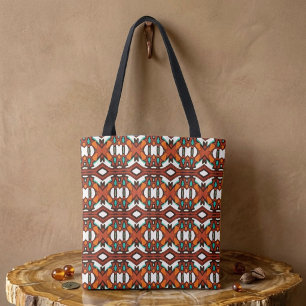 Tote Bag Symétrie Tribale Orange, Turquoise, Marron