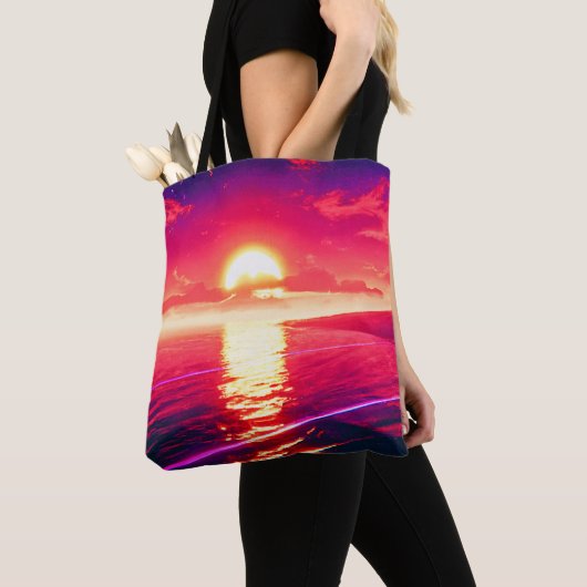 Tote Bag Synthwave numérique Sunset Sea Reflection (De près)