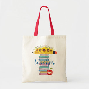 Tote Bag T est pour enseignant Floral Pencil Livres personn