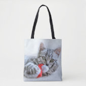 Tote Bag Tabby gris mou Chat avec Noël Casquette (Devant)