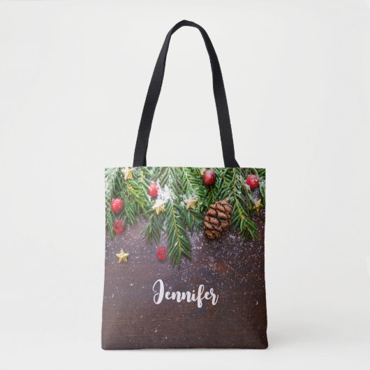 Tote Bag Table de Noël rustique avec pin et neige (Devant)