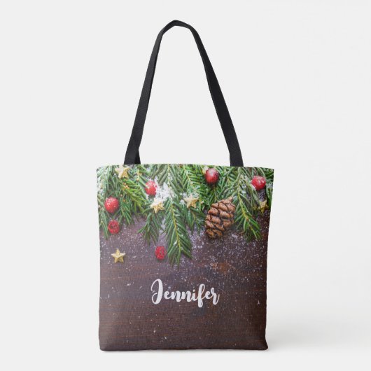 Tote Bag Table de Noël rustique avec pin et neige (Dos)