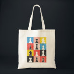 Tote Bag Tableau de contrôle de bloc de couleur des pièces<br><div class="desc">Pour tous les amateurs d'échecs, c'est un design en mauvais état de morceaux d'échecs noirs et blancs contre des carrés pop-arty colorés. Toutes les pièces ne sont pas là, mais il y en a au moins une de toutes sortes : des pions, des chevaliers, des évêques, des tours, une reine...</div>