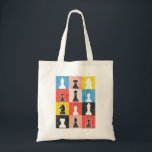 Tote Bag Tableau de contrôle de bloc de couleur des pièces<br><div class="desc">Pour tous les amateurs d'échecs, c'est un design en mauvais état de morceaux d'échecs noirs et blancs contre des carrés pop-arty colorés. Toutes les pièces ne sont pas là, mais il y en a au moins une de toutes sortes : des pions, des chevaliers, des évêques, des tours, une reine...</div>