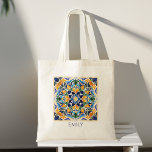 Tote Bag Talavera azulejo Nom customisé mexicain vintage<br><div class="desc">Bleu et marron coloré vintage mexicain mariage talavera azulejo tuiles nom personnalisé sac fourre-tout marionnettes cadeaux fête de mariée faveurs cadeaux pour elle</div>