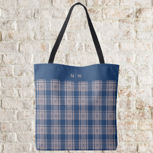 Tote Bag Tartan - Bleu de marine avec Brown Taupe clair et