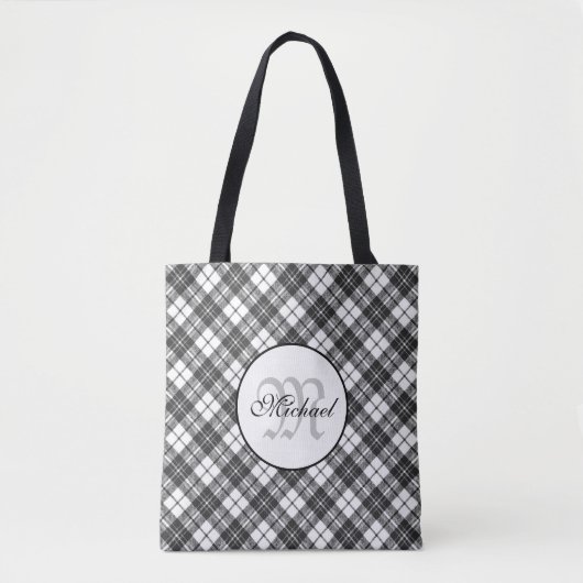 Tote Bag Tartan motif Noël noir blanc Monogramme (Devant)