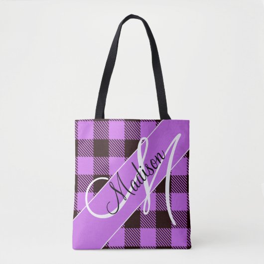 Tote Bag Tartan noir orchidée moderne | Ajouter Votre Nom (Devant)