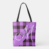 Tote Bag Tartan noir orchidée moderne | Ajouter Votre Nom (Dos)