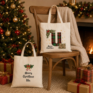 Tote Bag Tartan personnalisé avec initiale et nom de Noël
