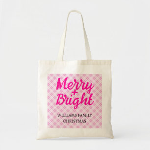 Tote Bag Tartan rose de Noël Joyeux Bright Nom de famille