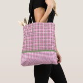 Tote Bag Tartan rose et vert Plaid et Jacquard rose et blan (De près)