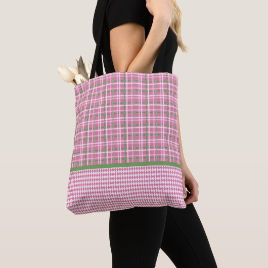 Tote Bag Tartan rose et vert Plaid et Jacquard rose et blan (De près)