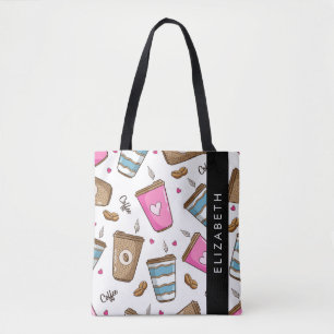 Tote Bag Tasses À Café, Haricots À Café, Coeurs, Votre Nom