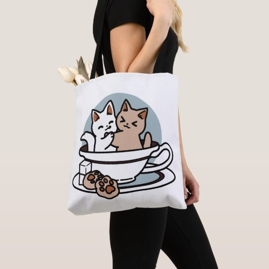 Tote Bag Tea Time Meow Time - Cute Cat and Tea Design (De près)