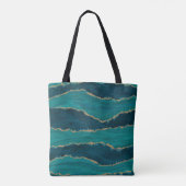 Tote Bag Teal Agate Waves – Abstract Marble with Gold (Dos)