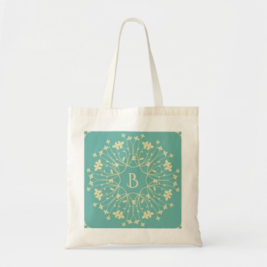 Tote Bag Teal and Beige Elegant Flower Wreath Monogram (Devant)