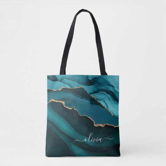 Tote Bag Teal Aqua Bleu Vert Agate Geode Or Monogramme (Devant)