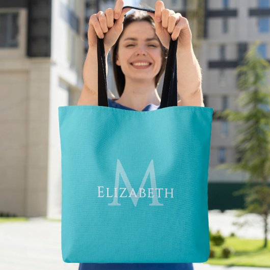 Tote Bag Teal Monogram Modern Name Initial Tote