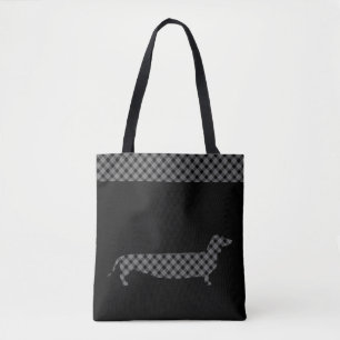 Tote Bag Teckel de plaid sur le noir