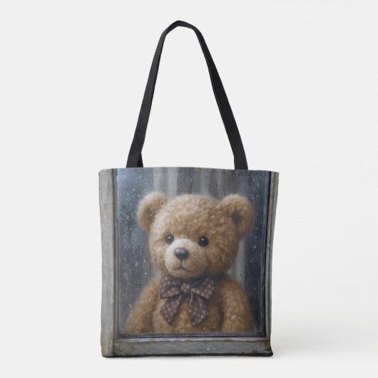 Tote Bag Teddy Bear Gazing Out of a Rainy Window (Dos)