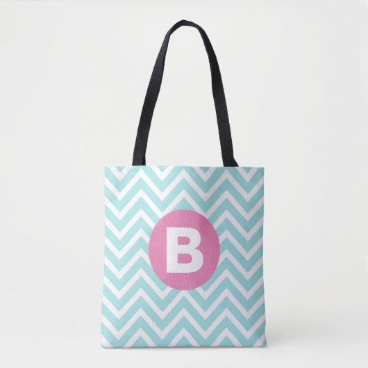 Tote Bag Tendance bleu clair Chevron rose Monogramme (Devant)