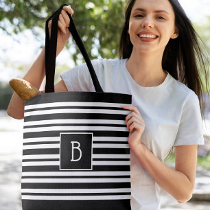 Tote Bag Tendance moderne Monogramme initial noir blanc ray