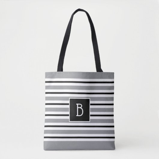 Tote Bag Tendance Monogramme initial gris noir blanc rayure (Devant)