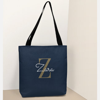Tote Bag Tendance Personnalisé Navy Monogramme Nom Personna