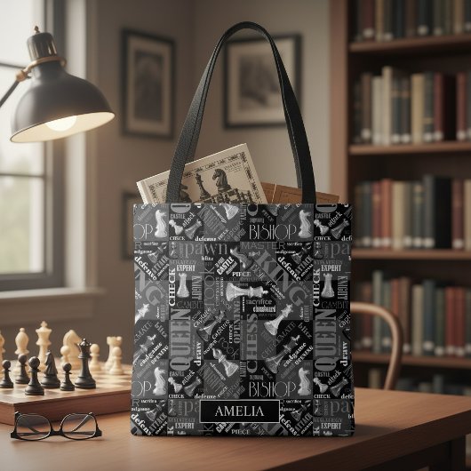 Tote Bag Termes et pièces d'échecs Noir et Blanc ID784