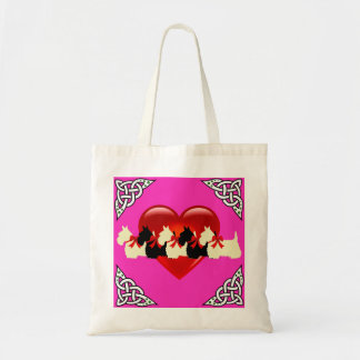 Tote Bag Térrier écossais noir/blanc, tresse celtique, cœur