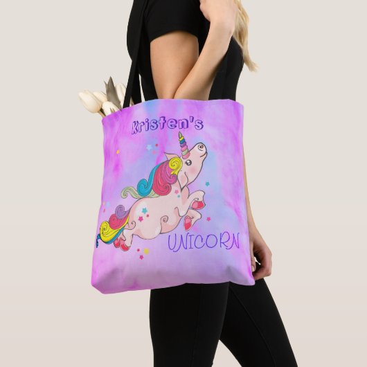 Tote Bag Texte personnalisé/ Arc en ciel Kawaii Unicorn Aqu (De près)
